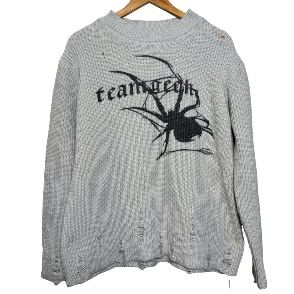 Edgy Spider Sweater Distressed Crewneck Knit Pullover Sage Green XL Grunge